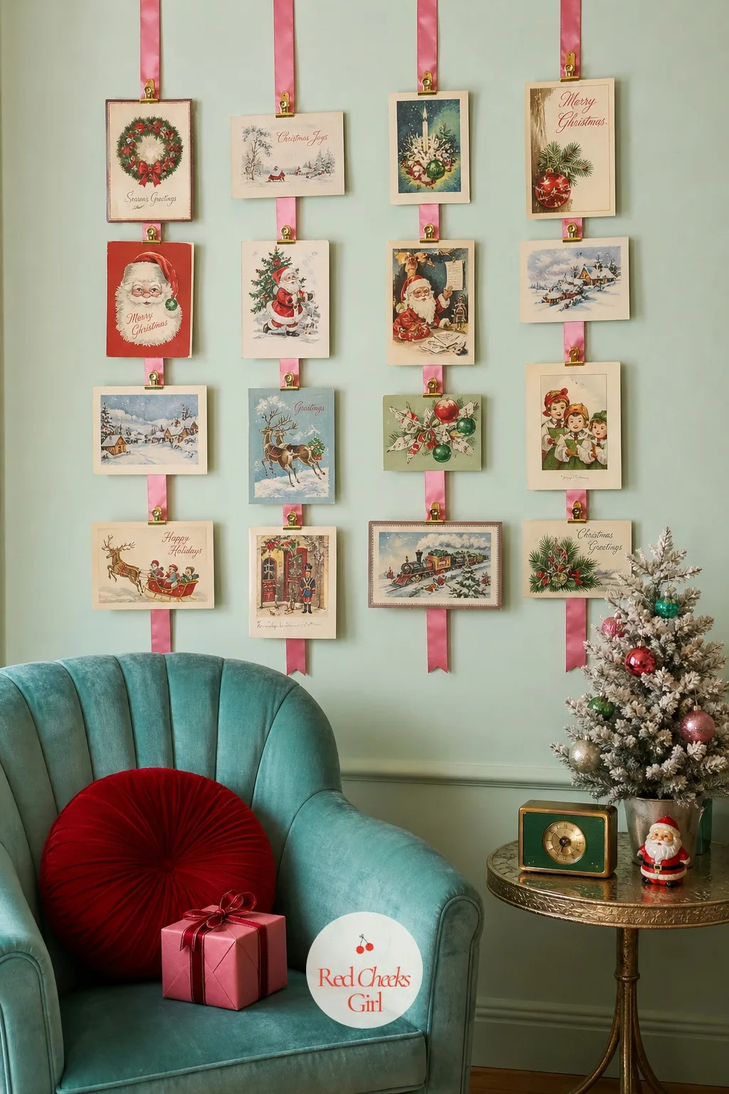Wall of Old-Style Christmas Cards Pinned on Ribbon Above a Retro Armchair — A pile of cards on the mantel gets lost by week two. Kitsch christmas
