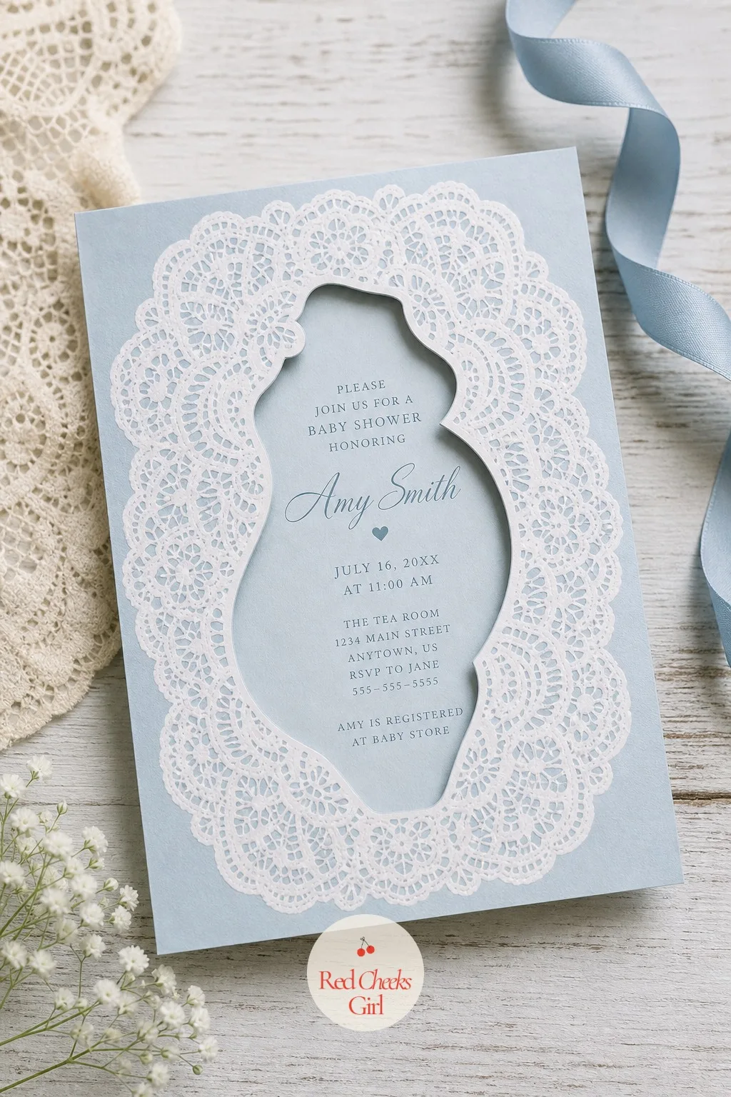 Belly Silhouette Lace Doily Invitation — A straightforward lace border suits a traditional shower, but a belly silhouette cut from a lace doily pattern gives
