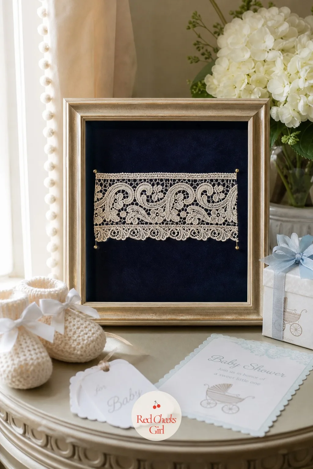 Framed Lace Trim Shadow Box — Not every home has a full heirloom gown to hang, and a dress form takes up more space than a small apartment can spare. Lace baby
