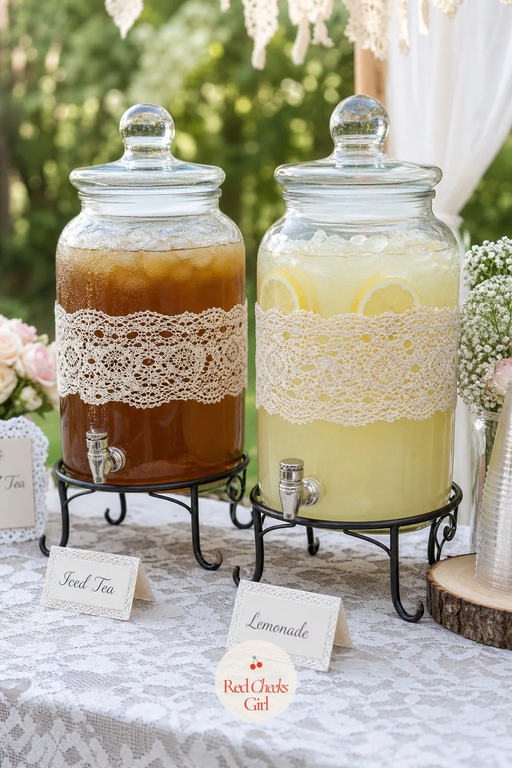 Iced Tea and Lemonade Bar in Lace-Wrapped Jars — A warm tea station does not suit every season, and a summer shower calls for something cold instead. Lace baby