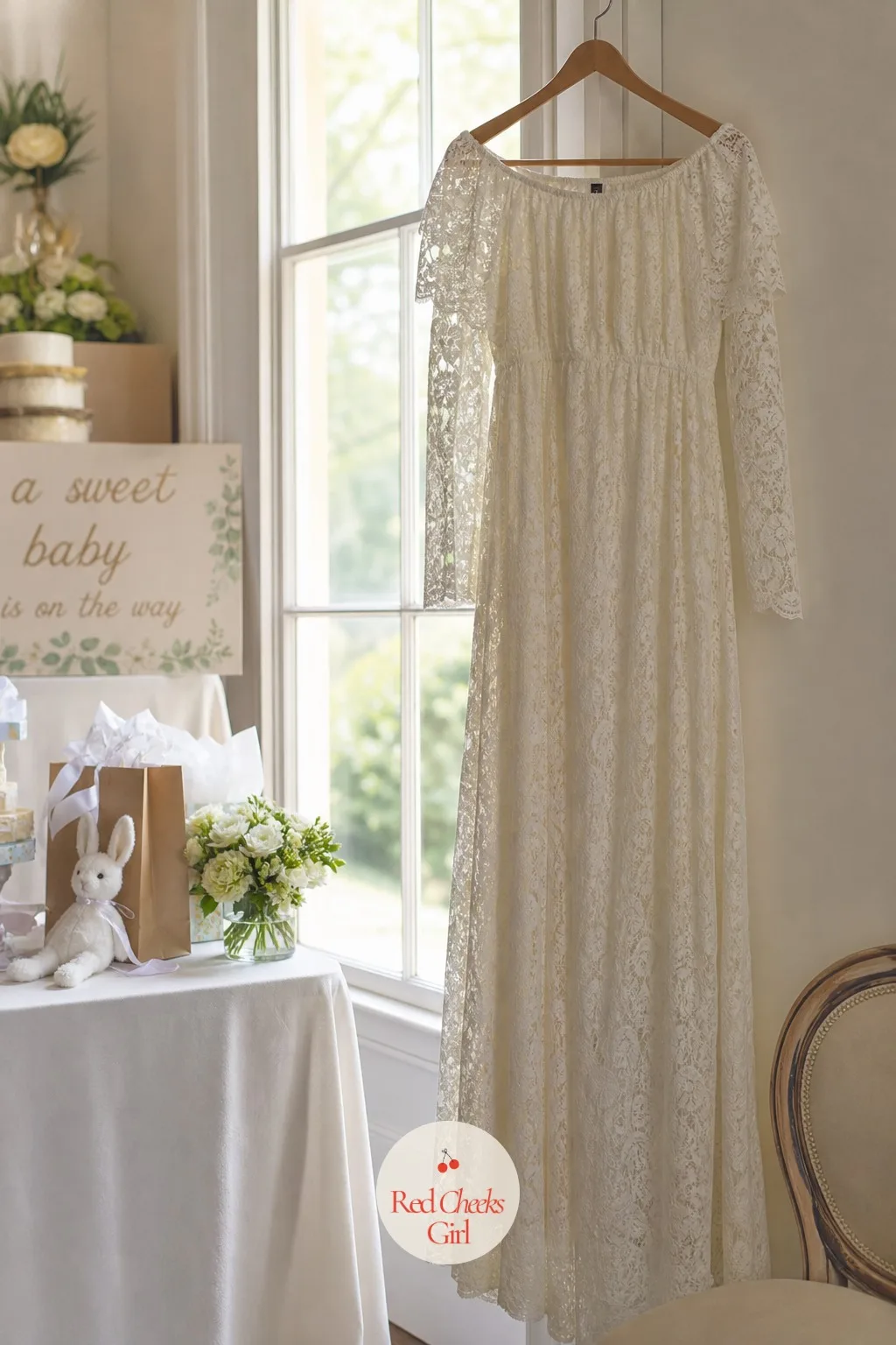Ivory Alençon Lace Maxi Dress for the Mom-to-Be — Standing in front of a camera for three hours in something stiff is its own kind of exhausting. Lace baby