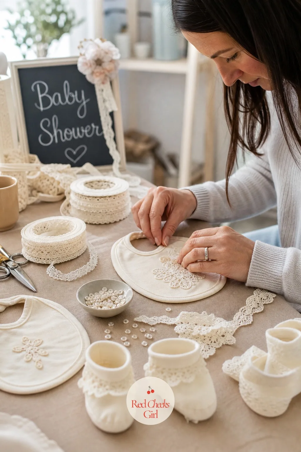 Lace Appliqué Bib and Bootie Decorating Table — Not every mom wants a pile of decorated onesies, and a bib or bootie activity gives the same craft moment in a