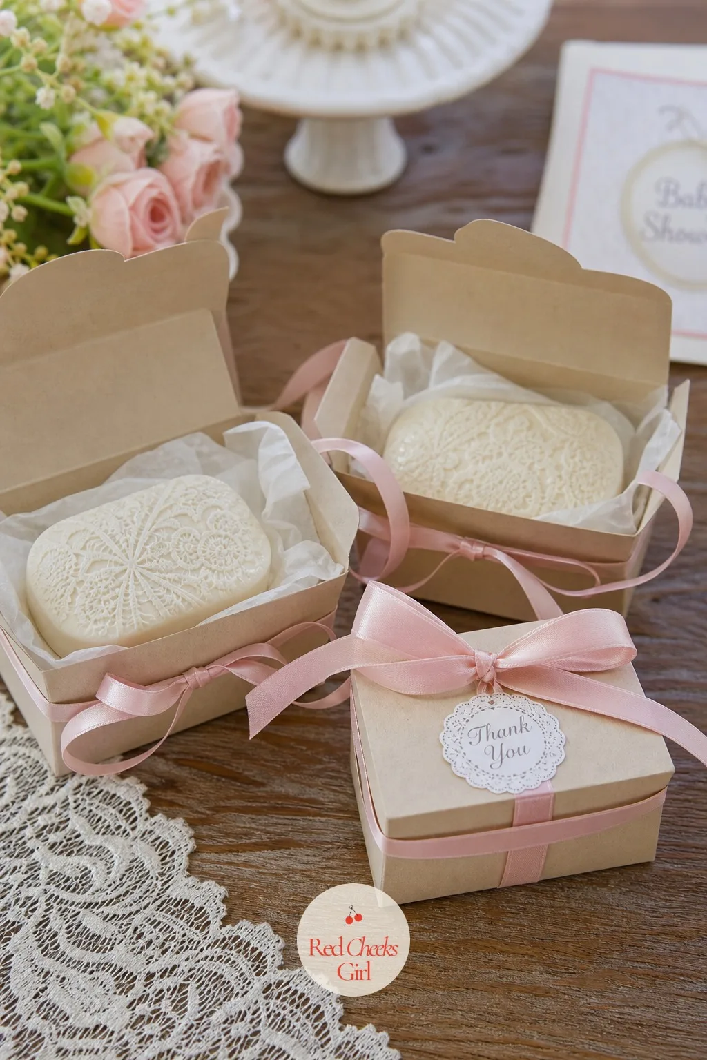 Lace-Embossed Soap Favors in Takeaway Boxes — Sachets suit a tea-leaning crowd, but a small bar of soap pressed with a lace texture gives a favor that feels a