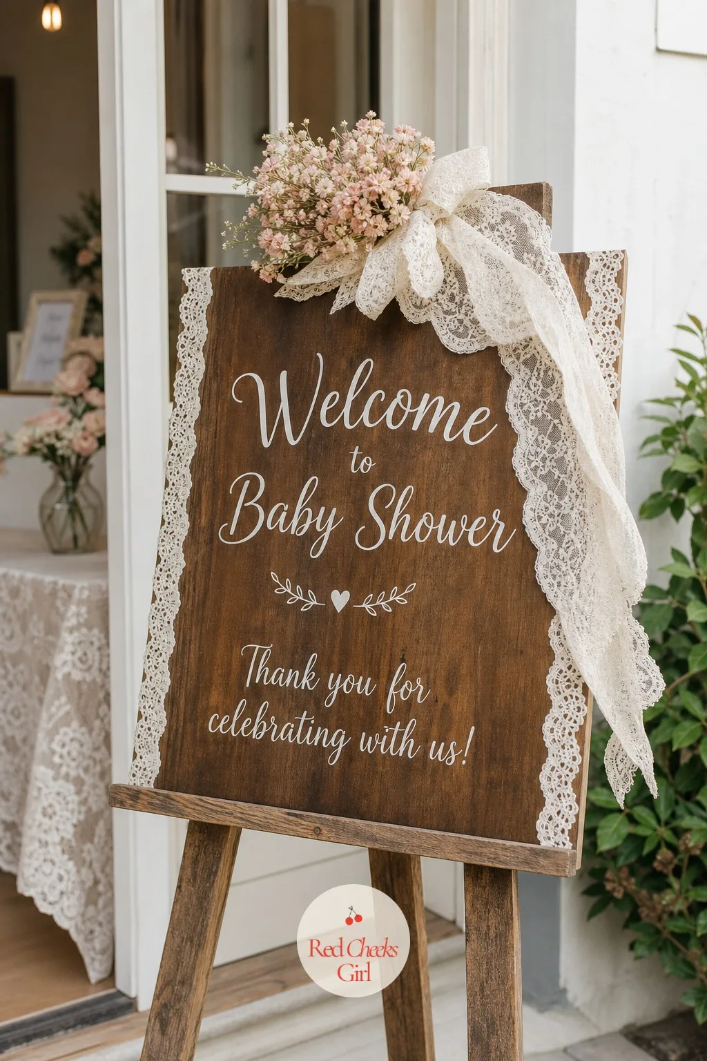 Lace-Framed Wooden Welcome Sign — A sign propped at the entrance tells guests they are in the right place before anyone says a word, and a wooden easel with