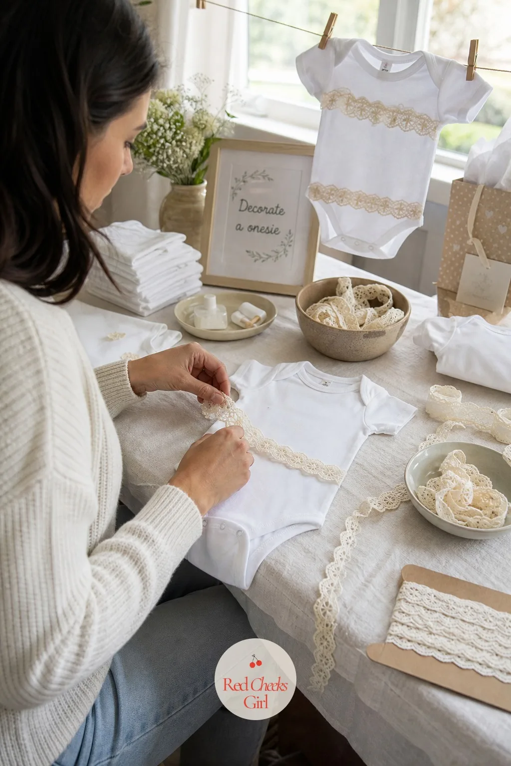 Lace-Trim Onesie Decorating Station — A craft table full of plain white onesies and a basket of scalloped lace trim gives guests something to do with their