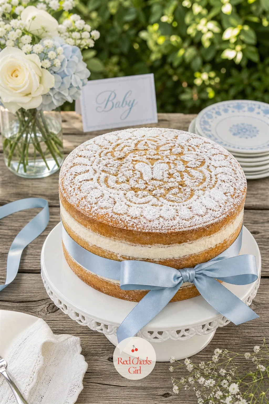 Naked Cake with a Powdered-Sugar Lace Stencil — A full buttercream cake can feel like too much when the day is warm or the budget is tighter. Lace baby shower