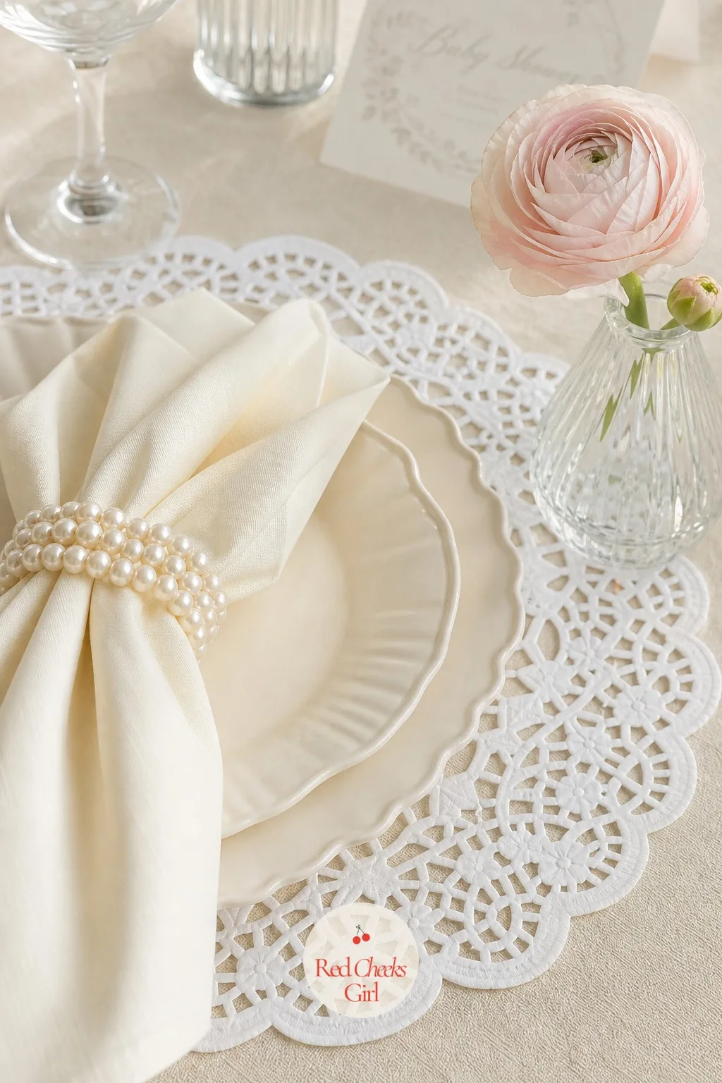 Paper Doily and Pearl Place Setting — A bare plate at each seat looks unfinished no matter how nice the china is. Lace baby shower ideas
