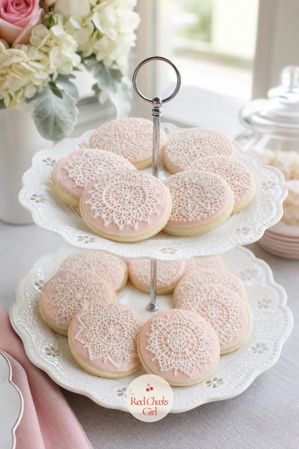 Royal-Iced Lace Pattern Sugar Cookies — Plain round cookies on a stand look like an afterthought next to a cake that got all the attention. Lace baby shower