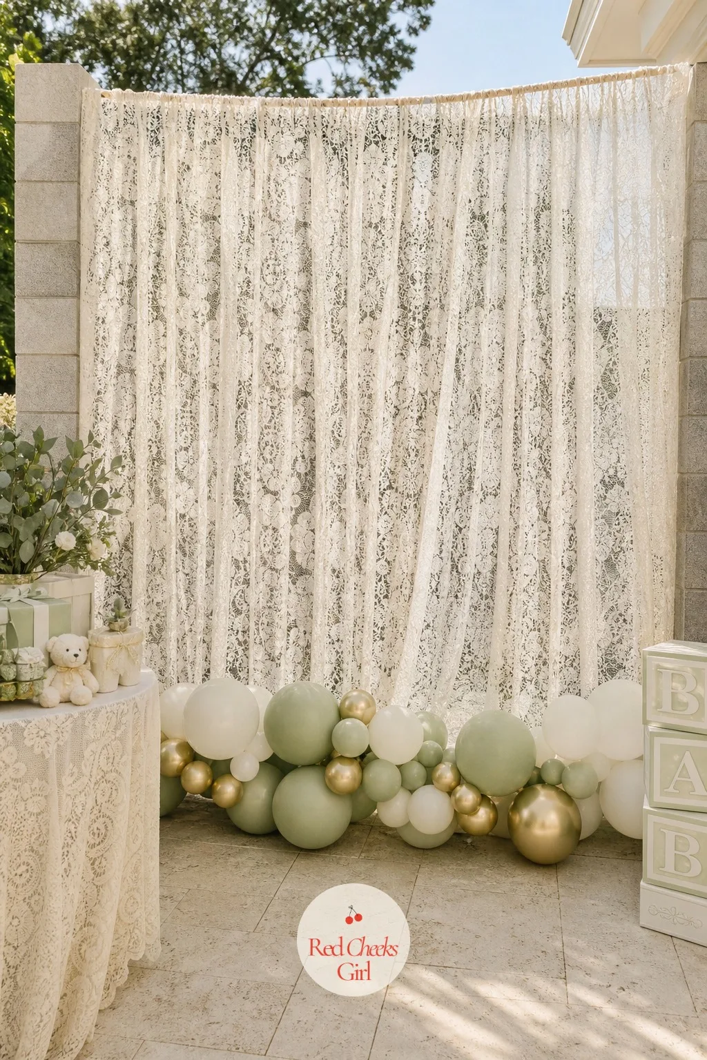Sage and Ivory Lace Curtain Backdrop for a Boy or Neutral Shower — Not every lace shower is pink, and a backdrop built for a boy or a surprise baby should say