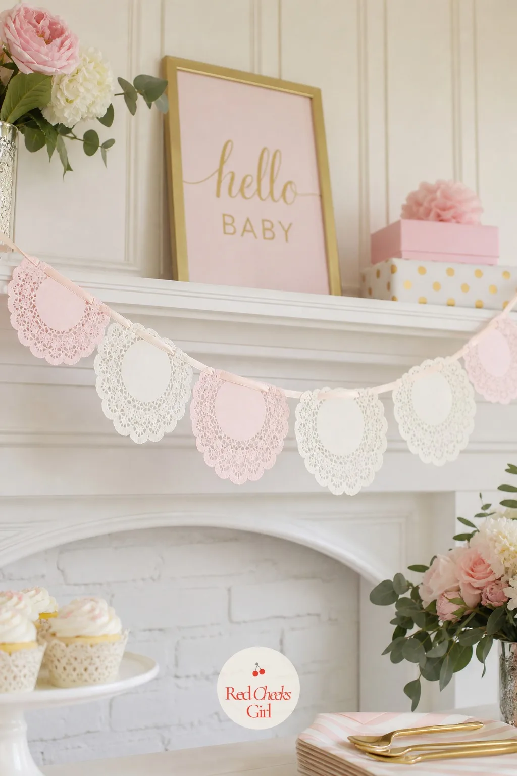 Scalloped Paper Doily Garland Strung Overhead — A doorway or mantel can feel unfinished even after the main backdrop goes up, and it does not need another