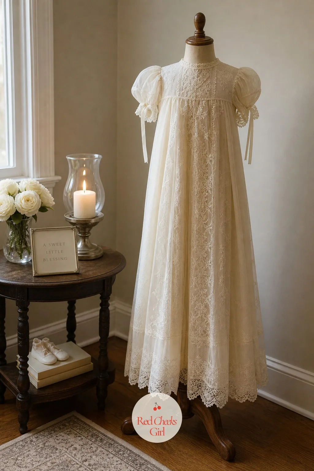 Vintage Christening Gown Displayed on a Dress Form — This is the one spot in the room that is not really decoration, it is family history, and it deserves a