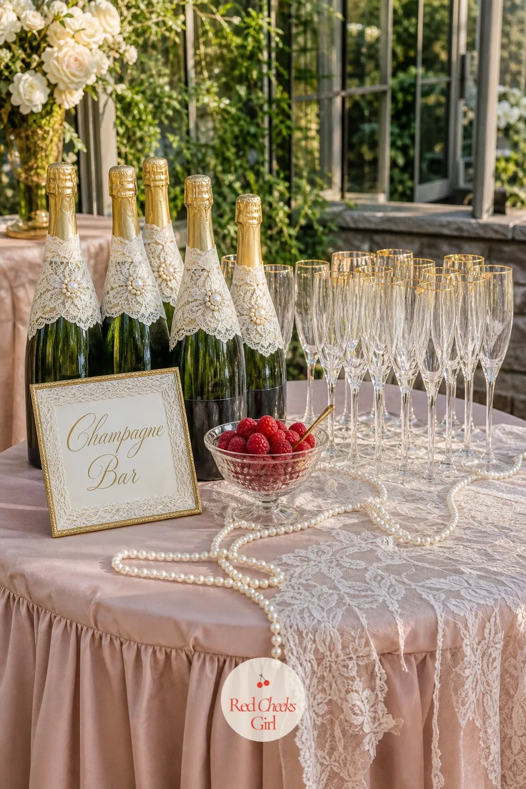 Champagne Bar With Lace-Wrapped Bottles — A drinks table with mismatched bottles standing bare looks like an afterthought at a party built on this much detail.