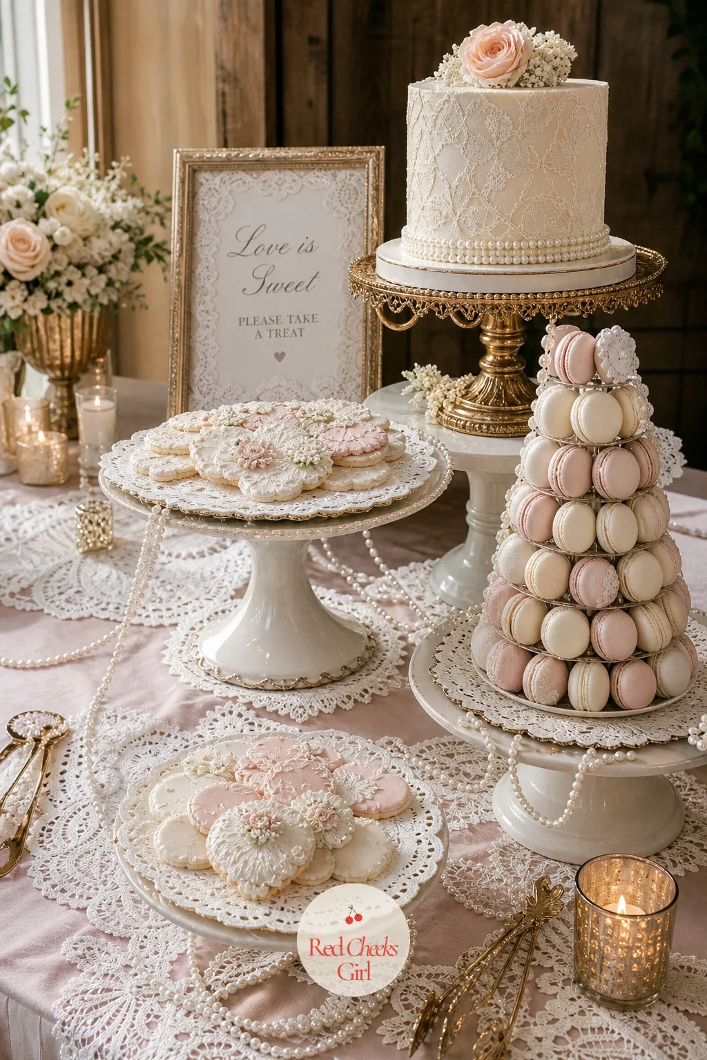 Dessert Table Display — This is the table everyone photographs before they even sit down. Lace bridal shower theme