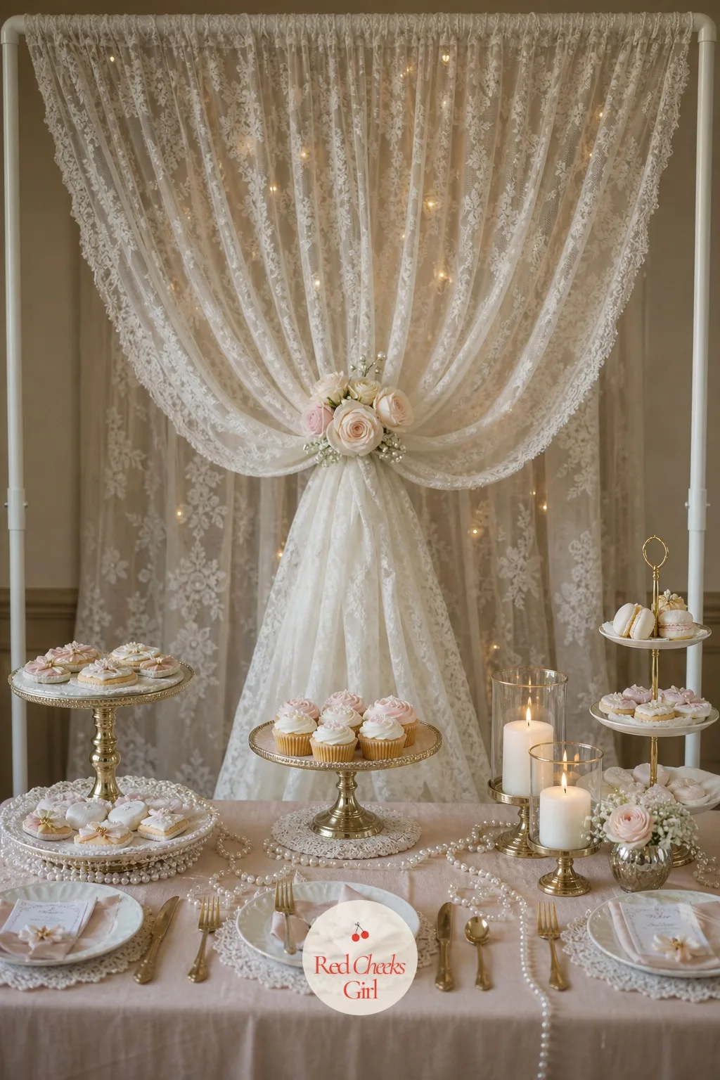Lace Curtain Backdrop — A blank wall behind the cake table says nothing, and a rented floral arch costs more than it is worth for one afternoon. Lace bridal