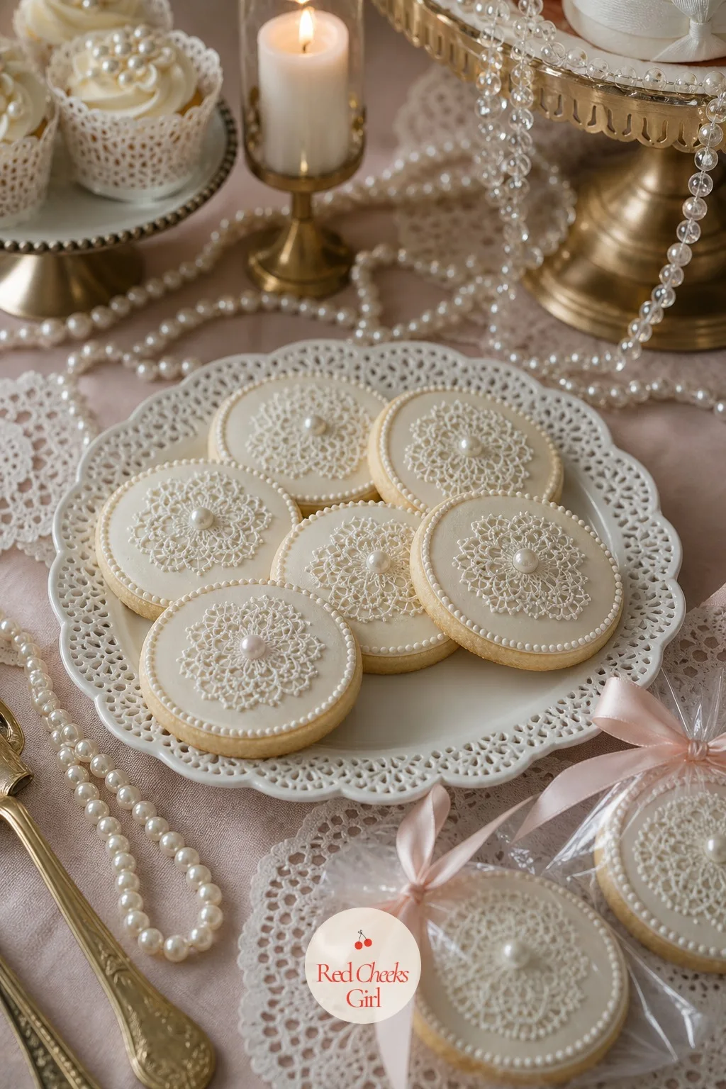 Lace Patterned Sugar Cookies — Plain round cookies disappear into any dessert table. Lace bridal shower theme