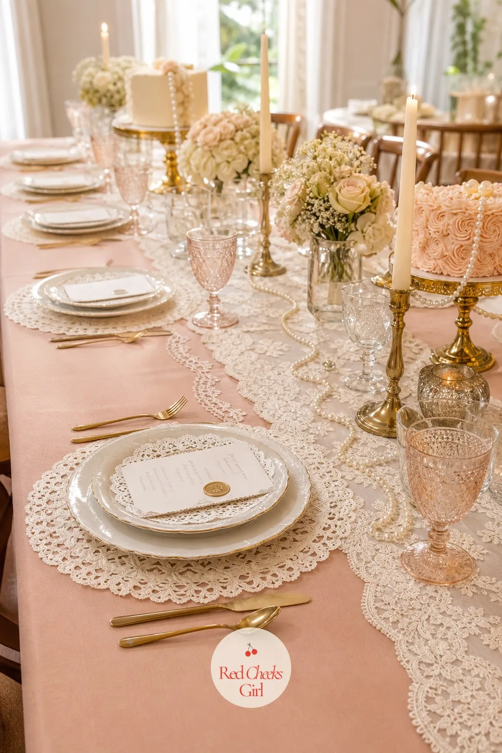 Lace and Pearl Tablescape With Paper Doilies — She sits down and the table has to hold its own for the next two hours. Lace bridal shower theme