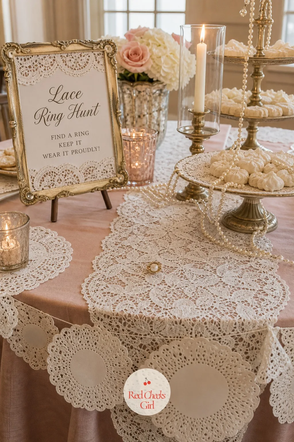 Lace Ring Hunt — A scavenger hunt feels right at home in a room already full of small pretty things to notice. Lace bridal shower theme