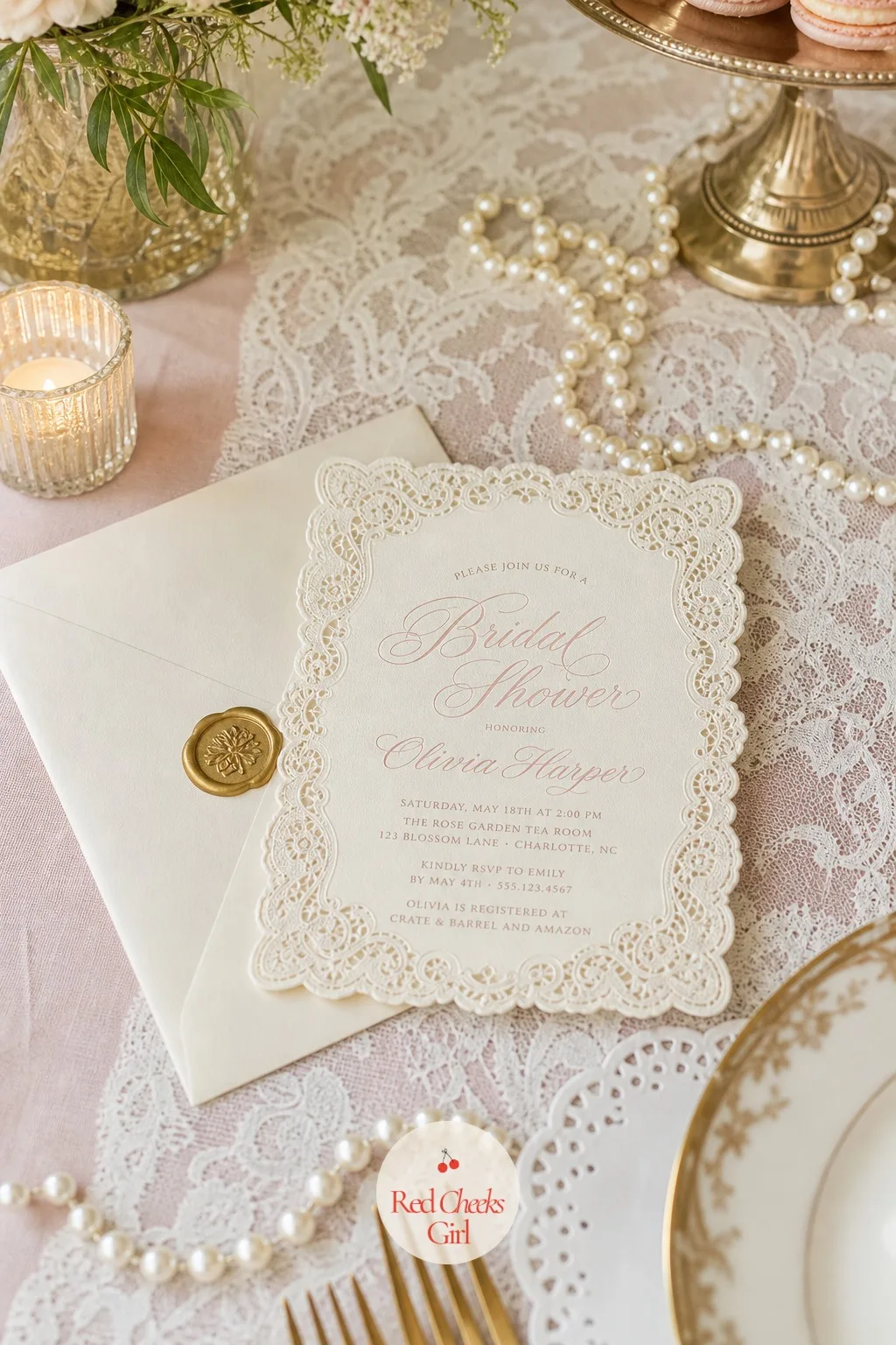 Lace-Bordered Invitation — The invitation sets the tone before anyone has seen the room. Lace bridal shower theme