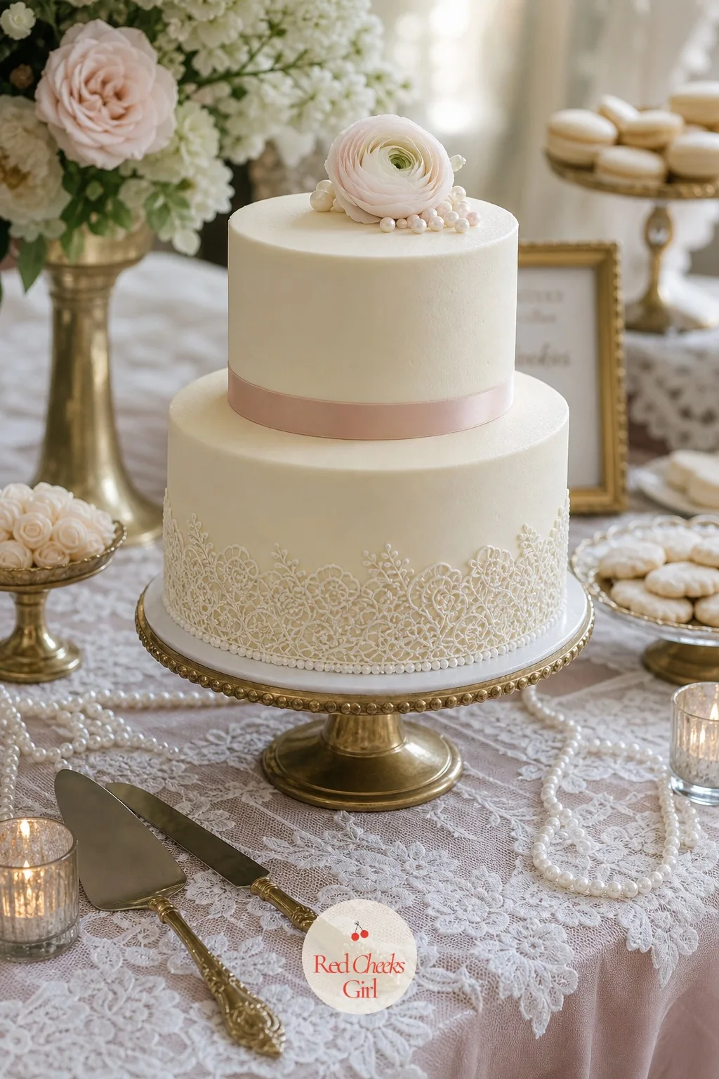 Lace-Piped Cake — A smooth fondant cake feels a little cold for this particular party. Lace bridal shower theme