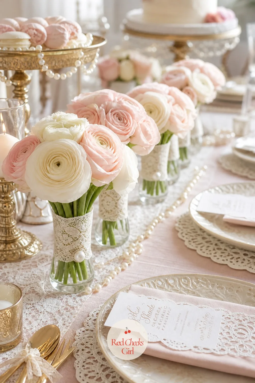 Lace-Wrapped Bouquets — Plain stems in a vase look unfinished next to everything else going on in this room. Lace bridal shower theme
