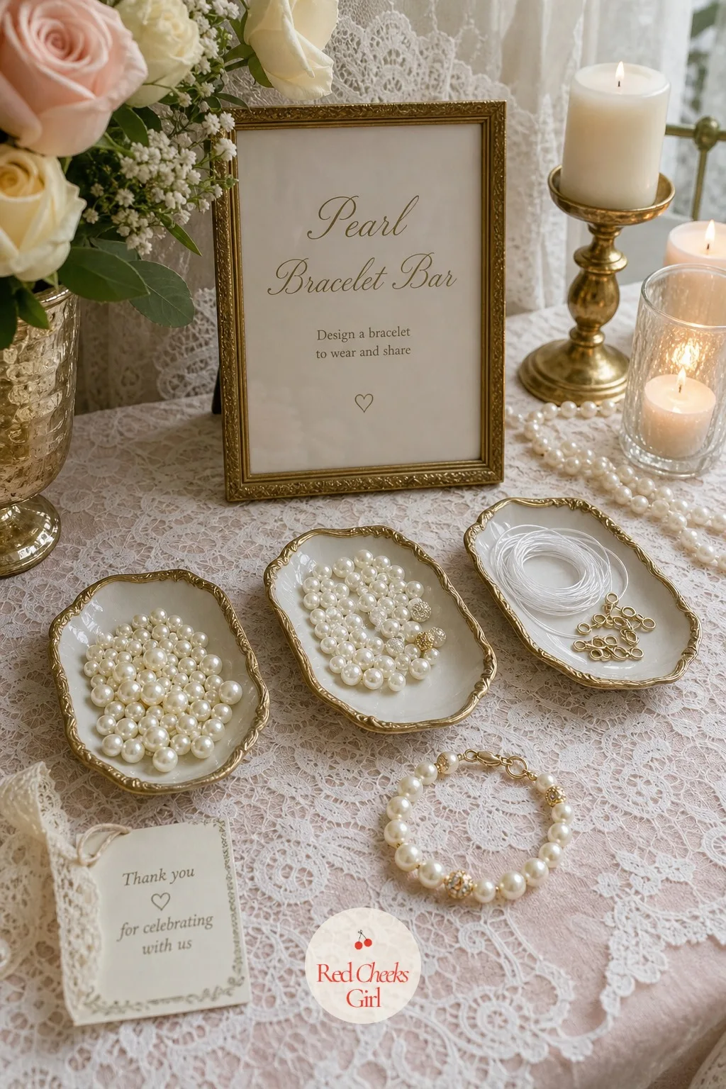 Pearl Bracelet Bar — Not every activity needs a winner, and this one gives guests something to do with their hands between courses. Lace bridal shower theme