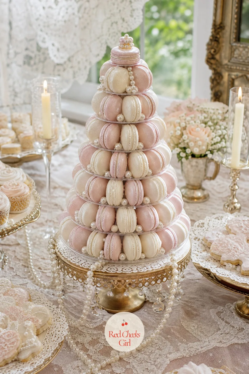 Pearl Macaron Tower — Round and pale, a macaron already looks half like a pearl before anyone touches it. Lace bridal shower theme