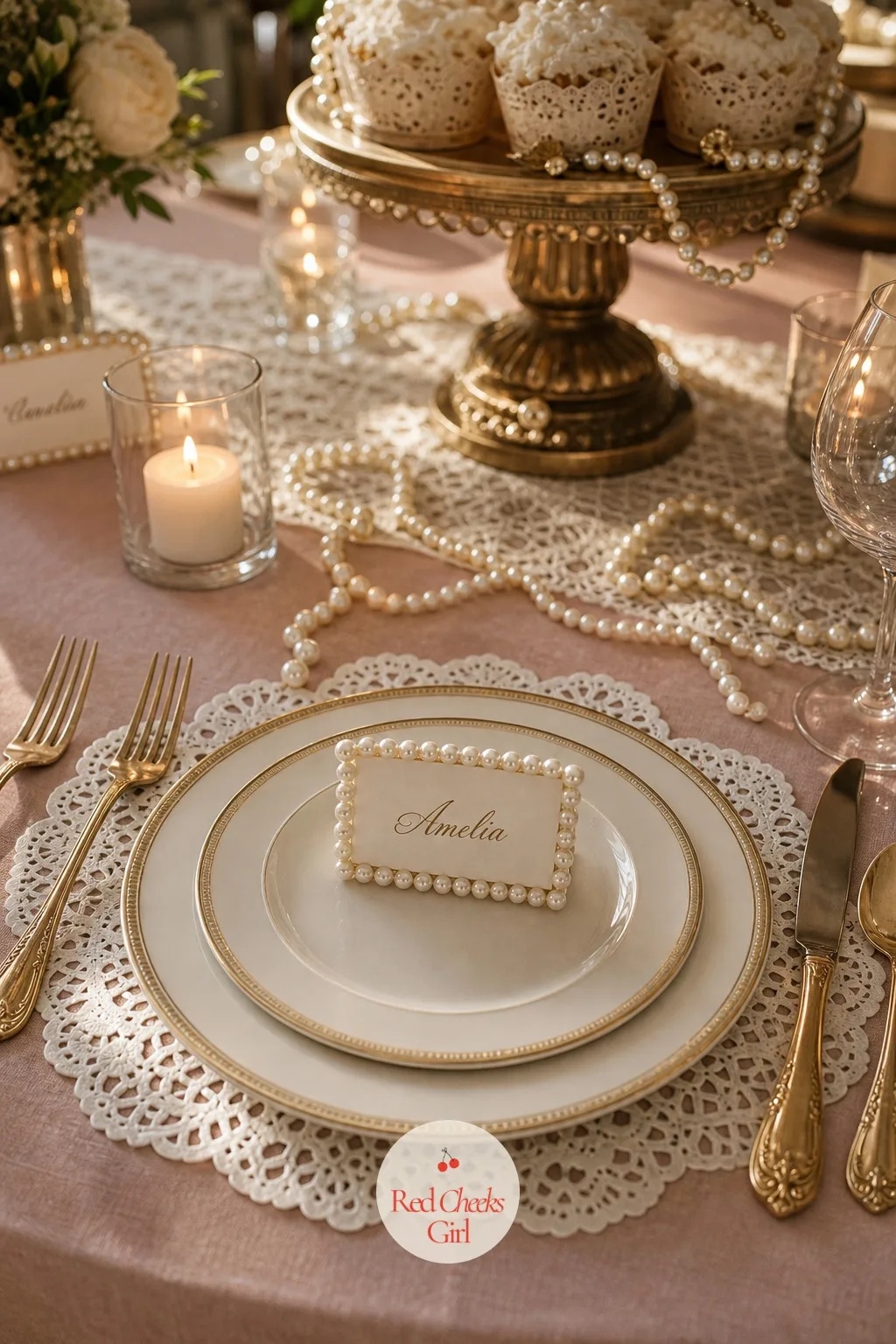 Pearl-Beaded Place Cards — Printed name tags tend to slide off the table by the time dessert comes around. Lace bridal shower theme