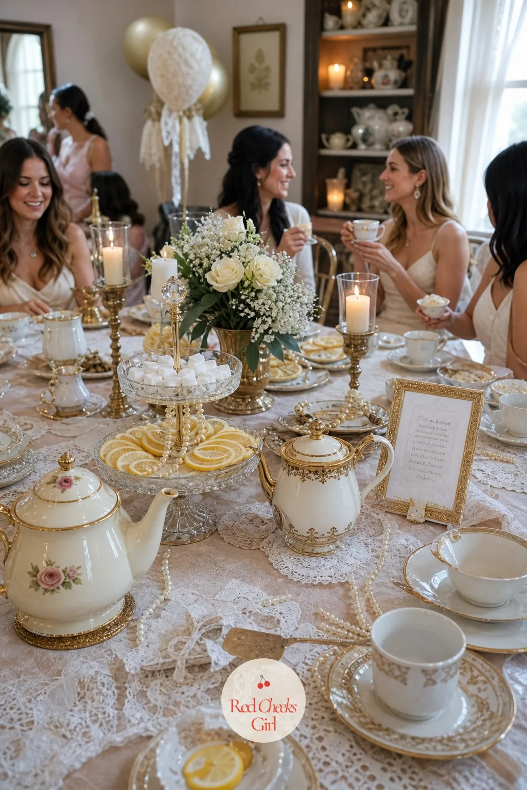 Vintage Tea Service Station — For an afternoon shower, nothing reads more like this theme than a proper pour. Lace bridal shower theme