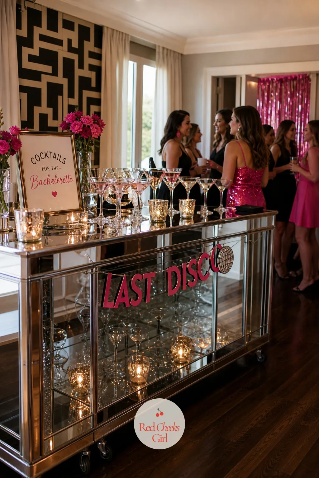 Cocktail Lounge — A corner of the room turns into the bar, its front panel wrapped in mirror-finish adhesive sheets so it throws light straight back at the