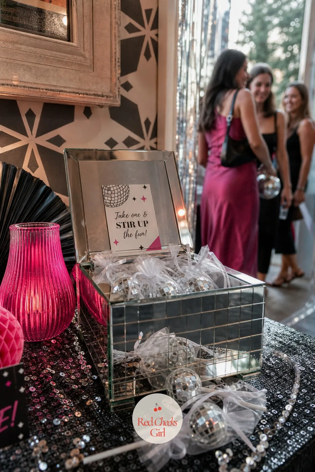 Disco Ball Drink Stirrers Favor — The last small thing anyone's hand holds before the night ends: a mirrored box or basket by the door filled with tiny disco