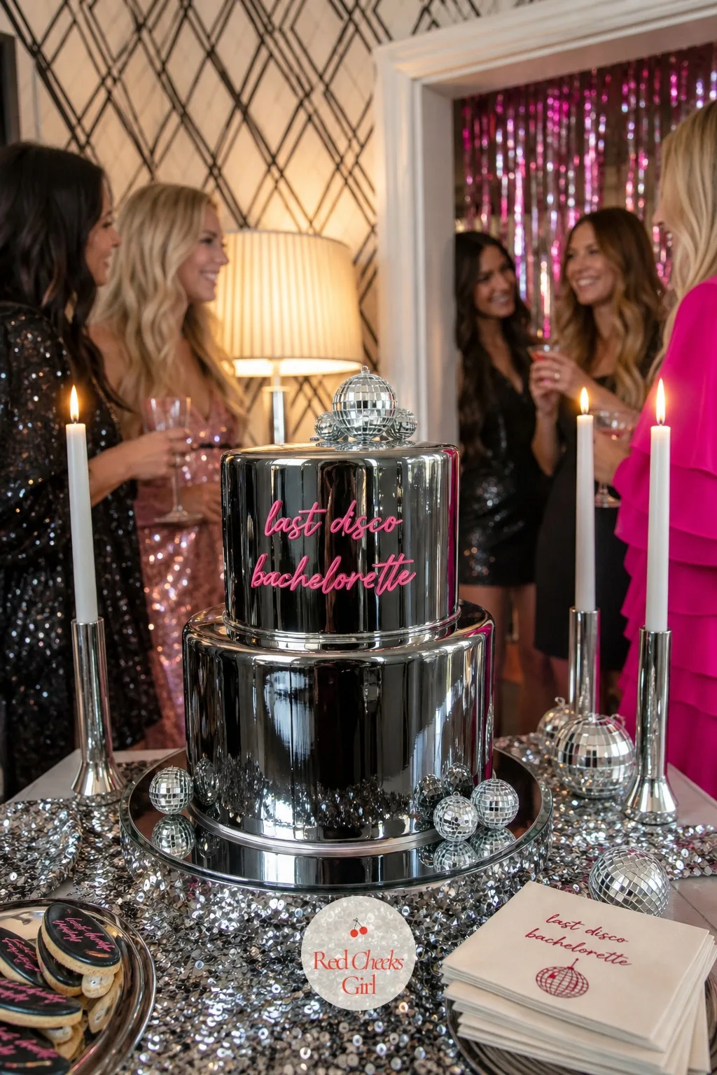 Mirror-Finish Disco Cake — Its own small table, dressed in a sequin runner with a mirrored charger beneath the stand, chrome candlesticks flanking it on either