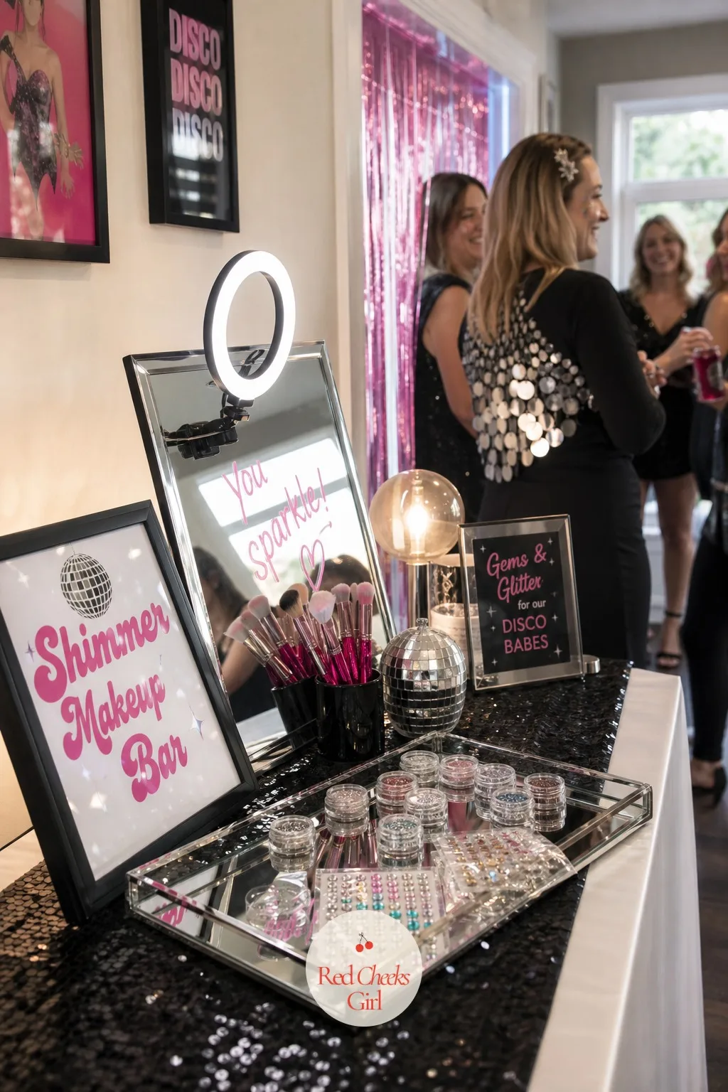 Shimmer Makeup Bar — Before anyone leaves the house, a small table in the getting-ready room turns into a shimmer station: a mirror propped against the wall, a