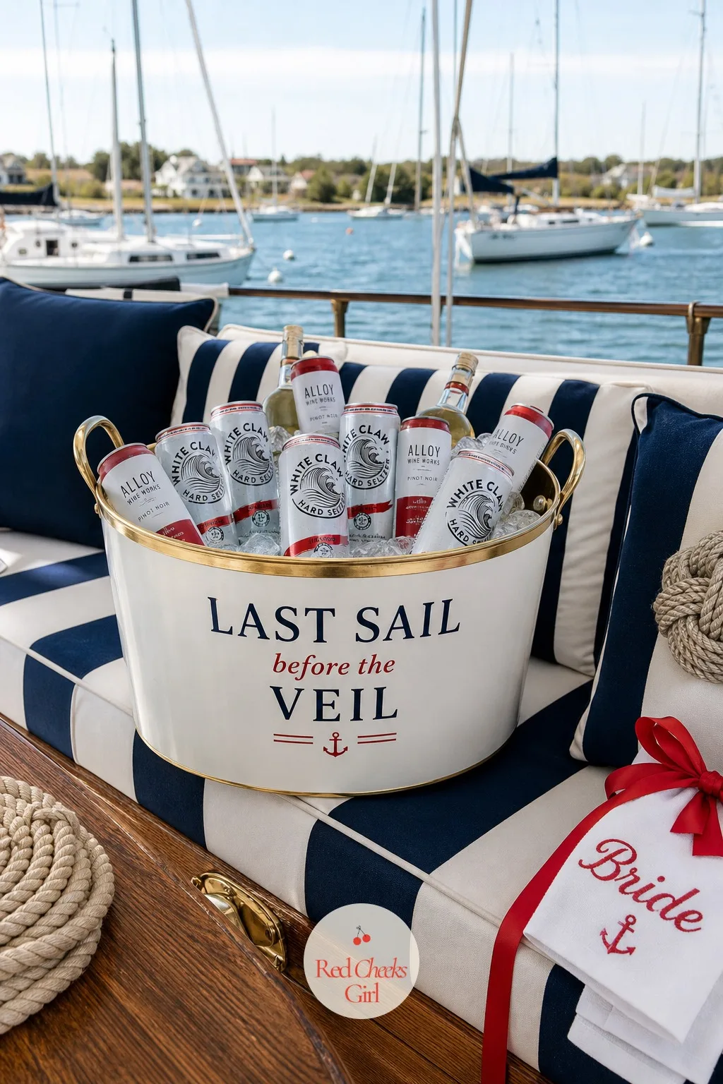 A Canned Drink Cooler Bar — Past the cocktail station, the practical drinks live in their own cooler, because most boats will not allow glass past the dock.