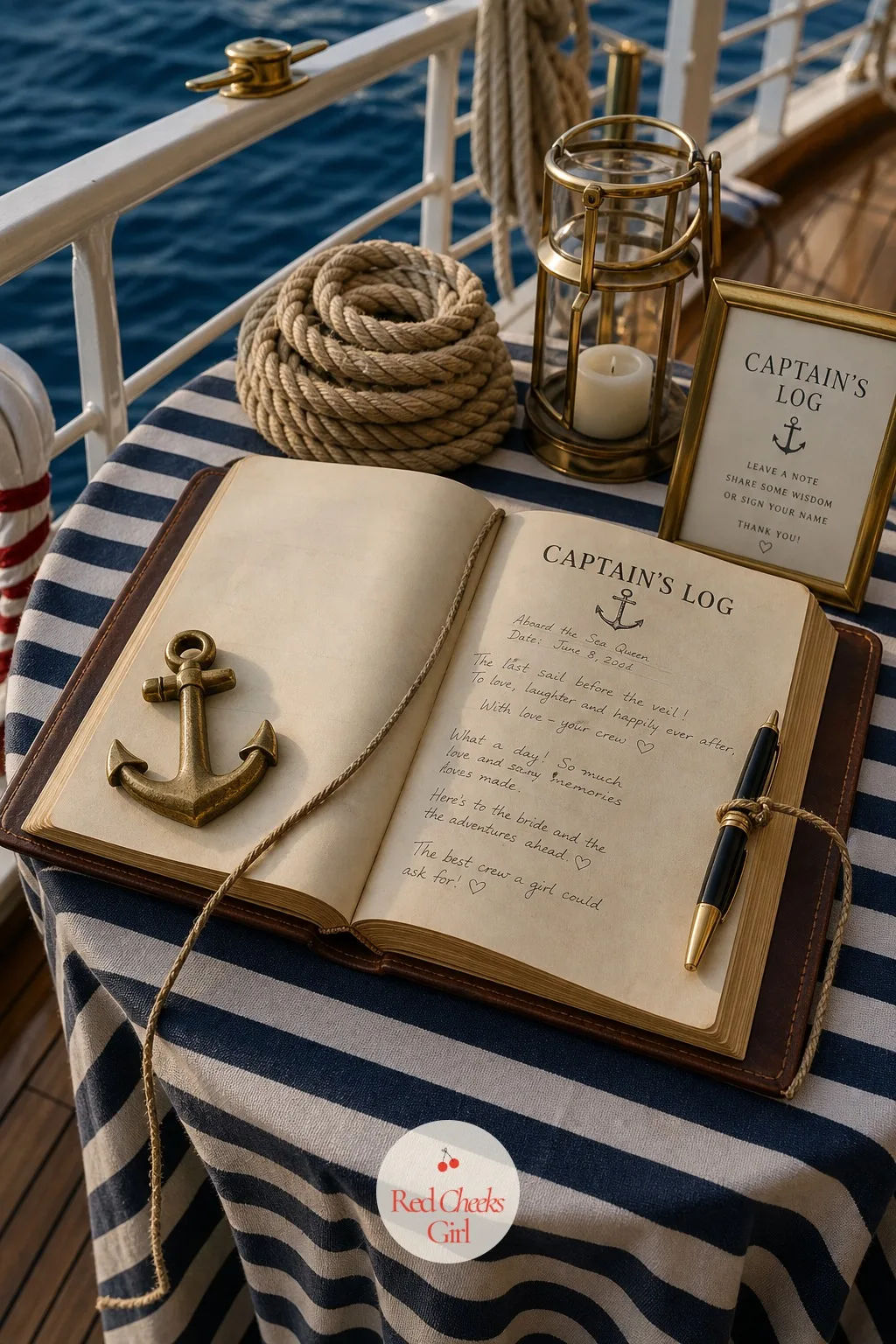 A Captain's Log Guestbook — Instead of a standard guestbook, a leather-bound log sitting open on a small table lets each guest write her a line the way a crew