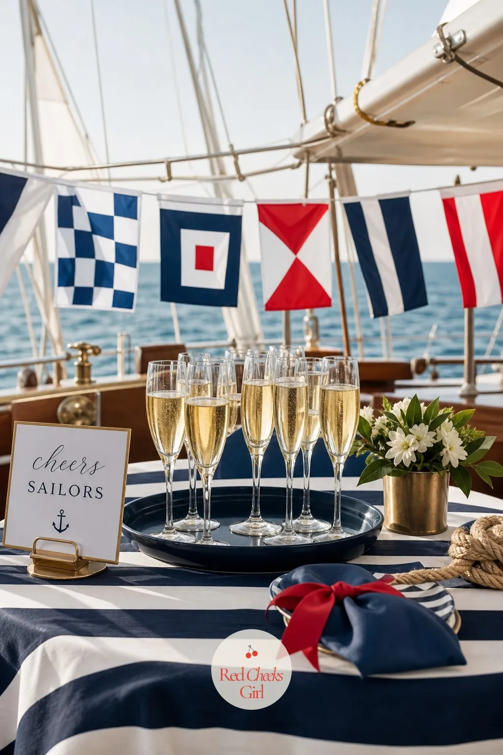 The Champagne Toast with Signal Flags — At some point the whole afternoon needs to pause for a minute, glasses up, before it goes back to drifting. Last sail