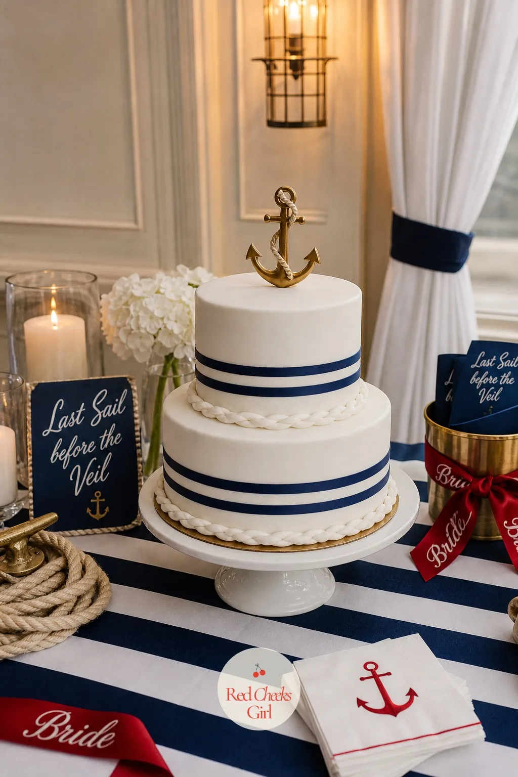 A Nautical Tiered Cake — The cake is the one thing on the table everyone photographs before it is cut, so it carries the heaviest version of the theme. Last