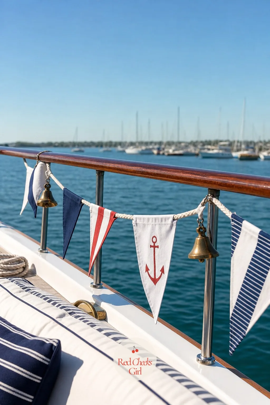 Navy and White Bunting Along the Rail — A boat rail looks bare until something is strung along it. Last sail before the veil bachelorette