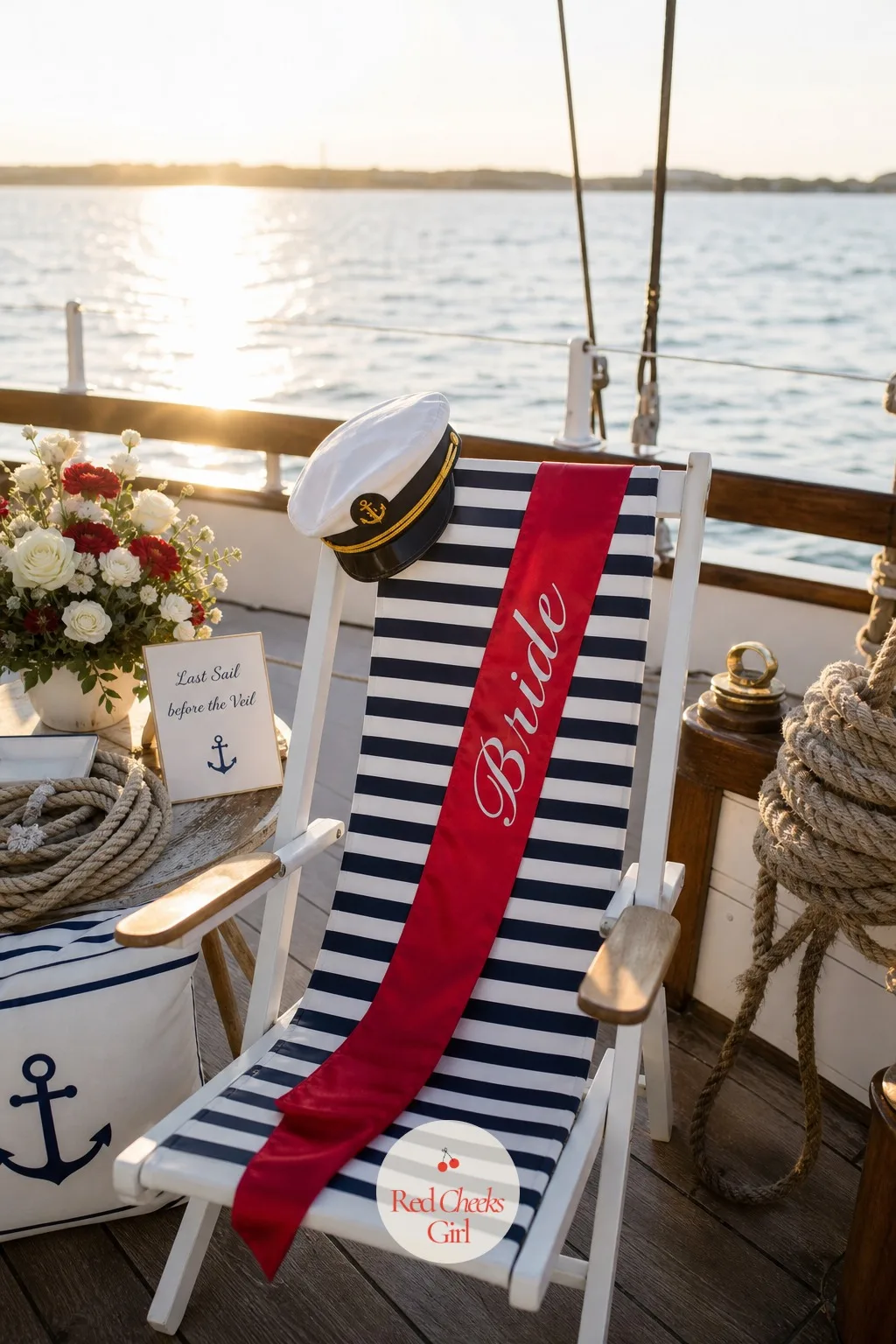 A Red Sash Worn Over the Stripes — The group wears stripes, so the bride needs the one piece of red that nobody else is allowed to touch. Last sail before the