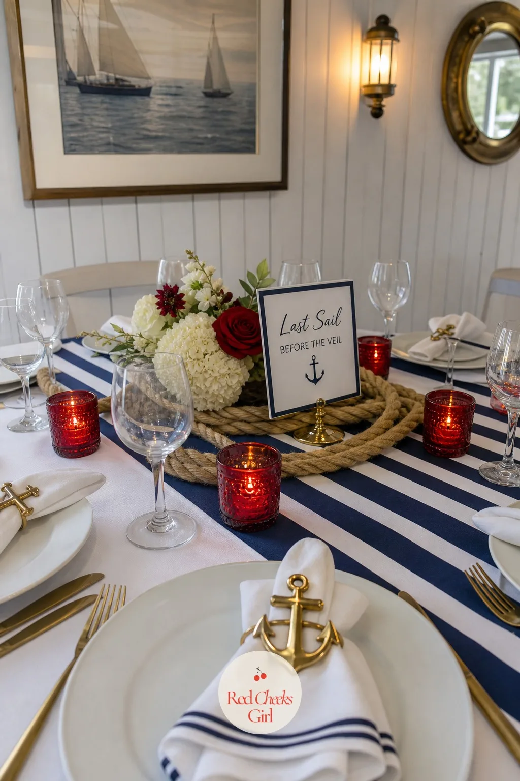 Rope and Anchor Table Details — The food gets the attention, but the table underneath it is what makes the whole spread look dressed instead of just set down.