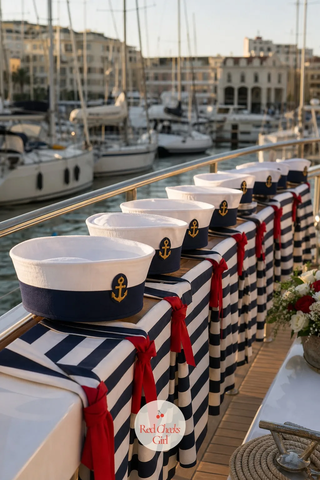 Sailor Hats for the Crew — Once the bride has her hat, the rest of the group needs a smaller echo of it, not a competing one. Last sail before the veil
