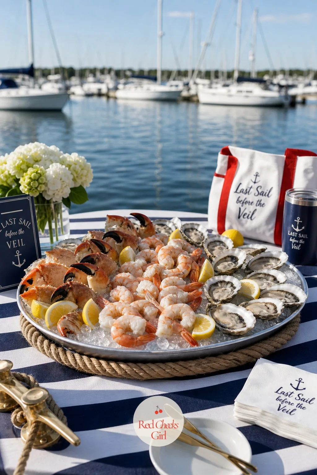 The Seafood Picnic Spread — Nobody wants a hot meal on a rocking boat, and a cold seafood spread solves that while looking like it belongs to the theme on its
