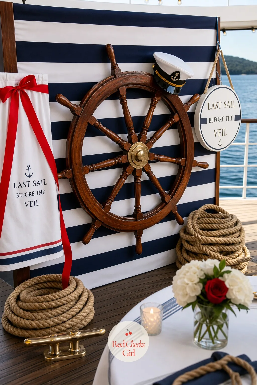 A Ship's Wheel Photo Backdrop — Every group needs one spot built just for photos, somewhere that is not the food table or the bar. Last sail before the veil
