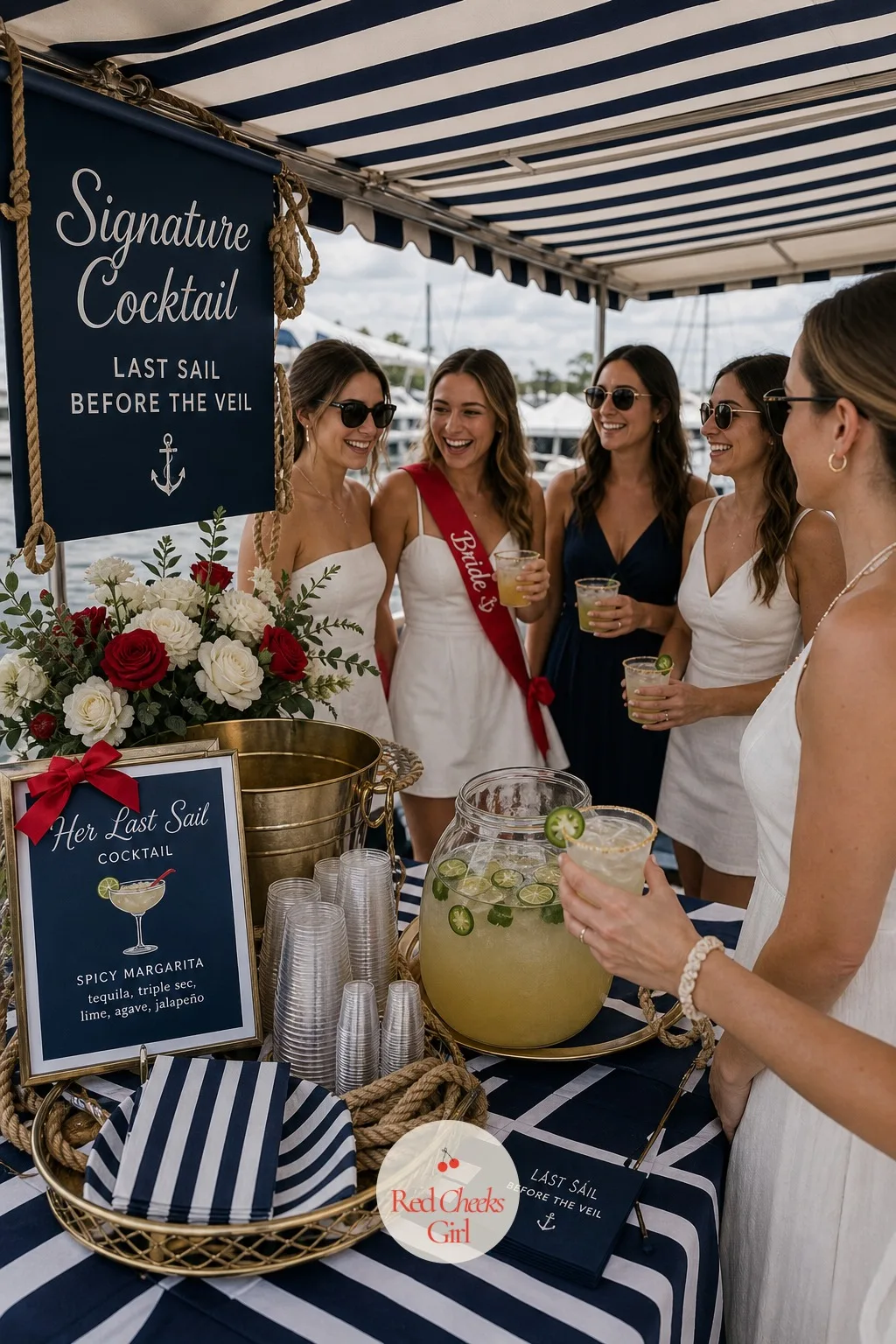 A Signature Cocktail Station — One drink, served the same way to everyone, saves her from playing bartender on her own boat day. Last sail before the veil