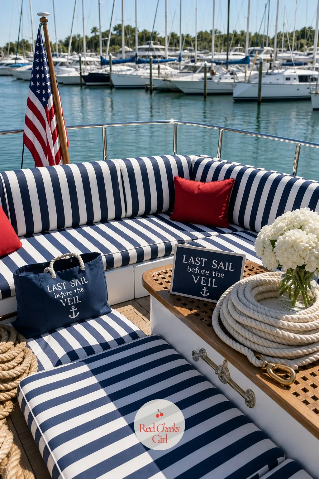Striped Deck Cushions and Canvas Seating — The bench seats on a rented boat are never the problem until you see them in photos, flat vinyl against grey water.