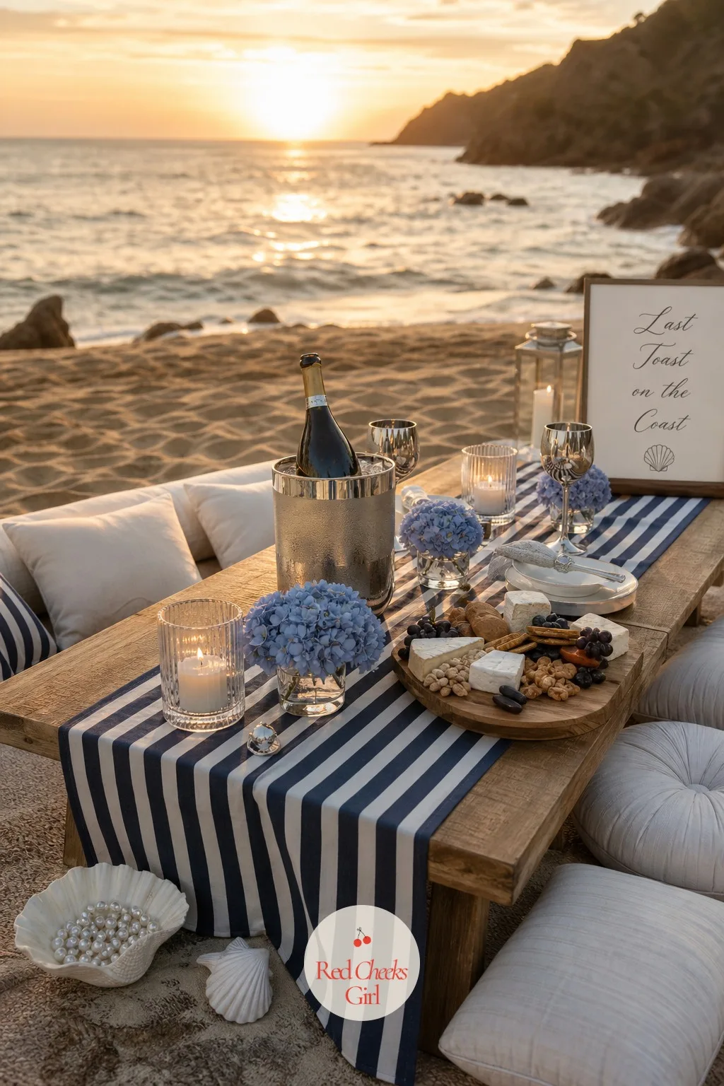 The Beach Picnic Setup — At some point the group wants to be on the actual sand, not just looking at it through a window. Last toast on the coast bachelorette