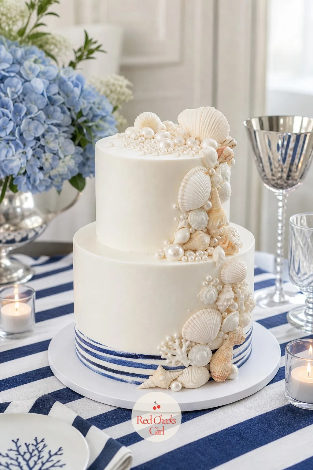 The Cake with Shells and Pearls — A plain white cake disappears against a table this dressed. Last toast on the coast bachelorette