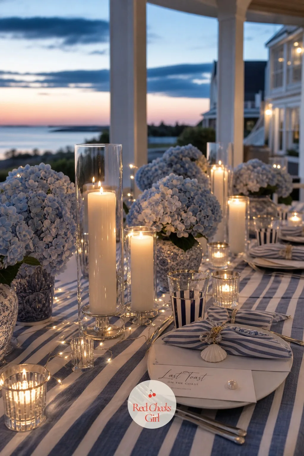 The Candlelit Table at Dusk — Overhead lighting flattens every careful detail the second the sun drops. Last toast on the coast bachelorette