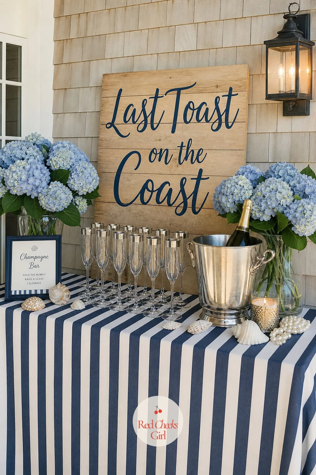 The Champagne Bar with the 'Last Toast on the Coast' Sign — A folding table with a few bottles on it reads like a dorm room. Last toast on the coast