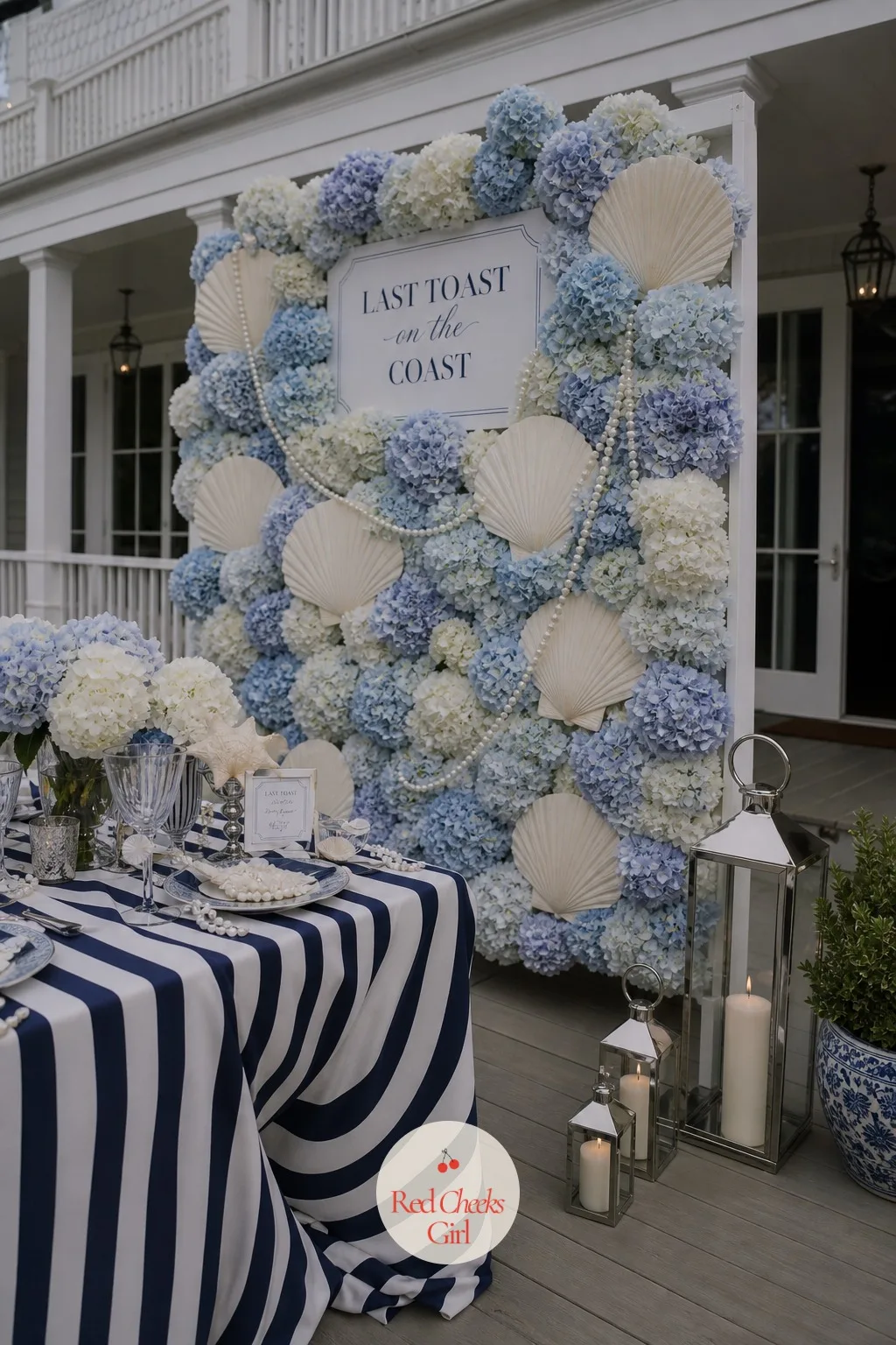 The Hydrangea and Shell Backdrop — Every bachelorette needs one wall that earns the group photo, and here it is built from the same two motifs as everything