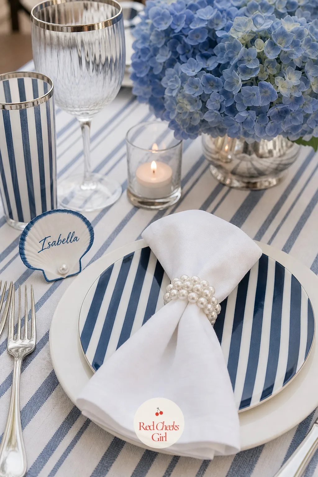 The Shell and Pearl Place Settings — A blank white plate at each seat looks unfinished next to a table this dressed. Last toast on the coast bachelorette